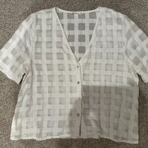 Mango Sheer Windowpane Cropped Blouse with Mother-of-Pearl Buttons Size 6